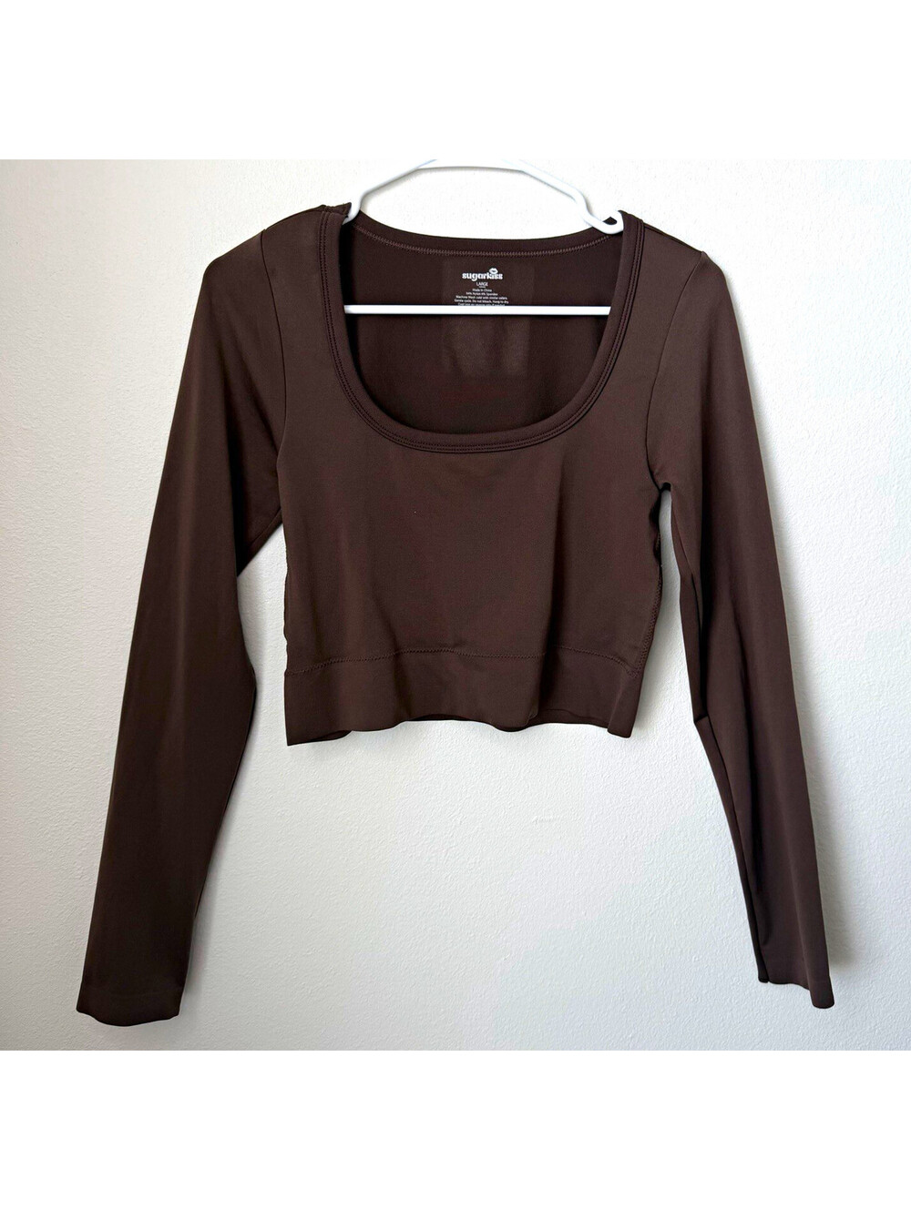 Sugarkiss Women's Brown Knit Cropped Top L Long Sleeve Scoop Neck Stretch